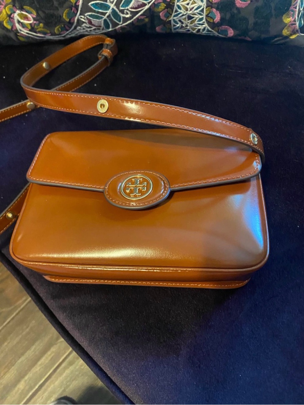Tory Burch Cognac Leather Flap Crossbody with Logo Medallion